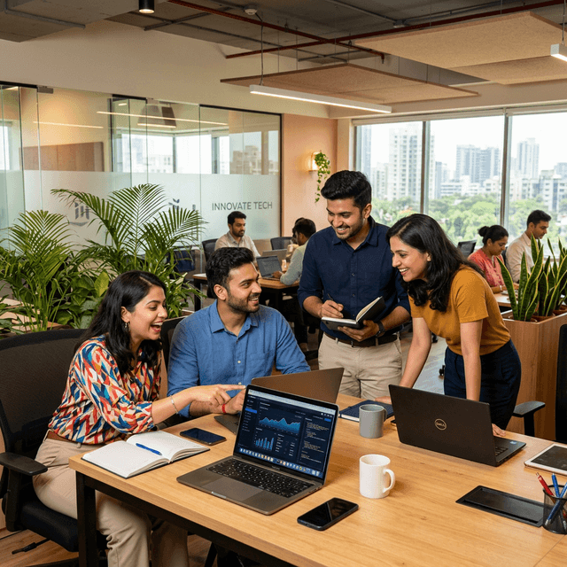 Indian professionals collaborating in a modern office
